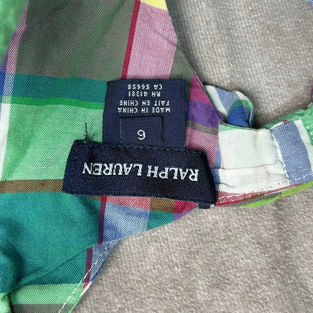 Ralph Lauren Girls Green Purple Plaid Tiered Ruffle Sleeveless Cotton Dress 6